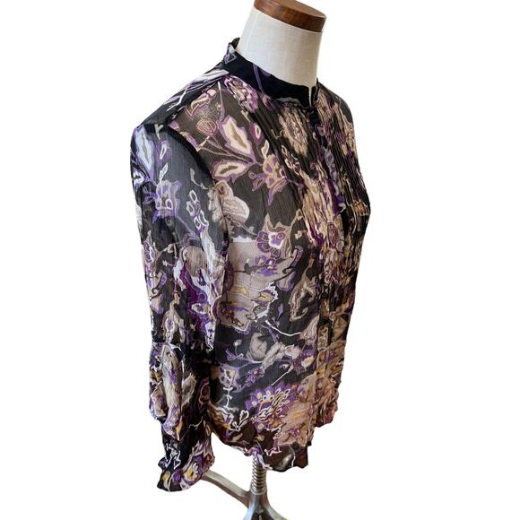 Sheer Silk Chiffon Long Sleeve Pintuck Top Purple Boho Print L - Picture 3 of 8